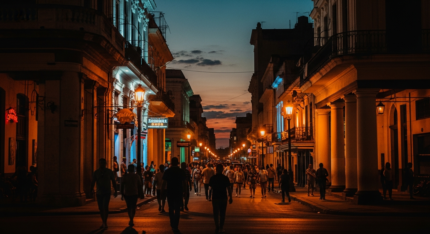 Belebte Straße in Havanna bei Nacht mit beleuchteten Bars und Musikclubs