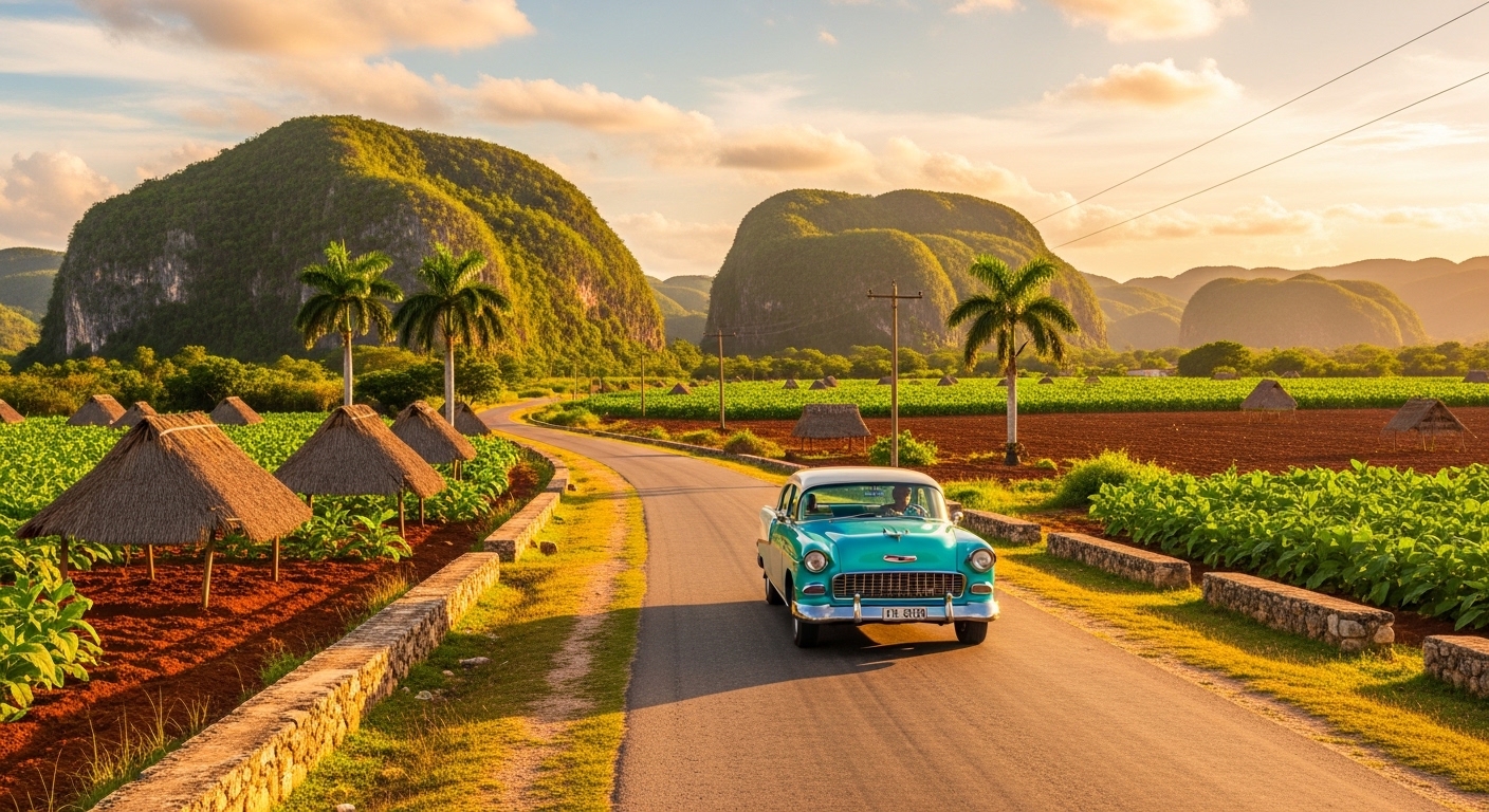 Kuba Rundreise 2 Wochen: Vintage-Auto auf der Landstraße zwischen Havanna und Viñales